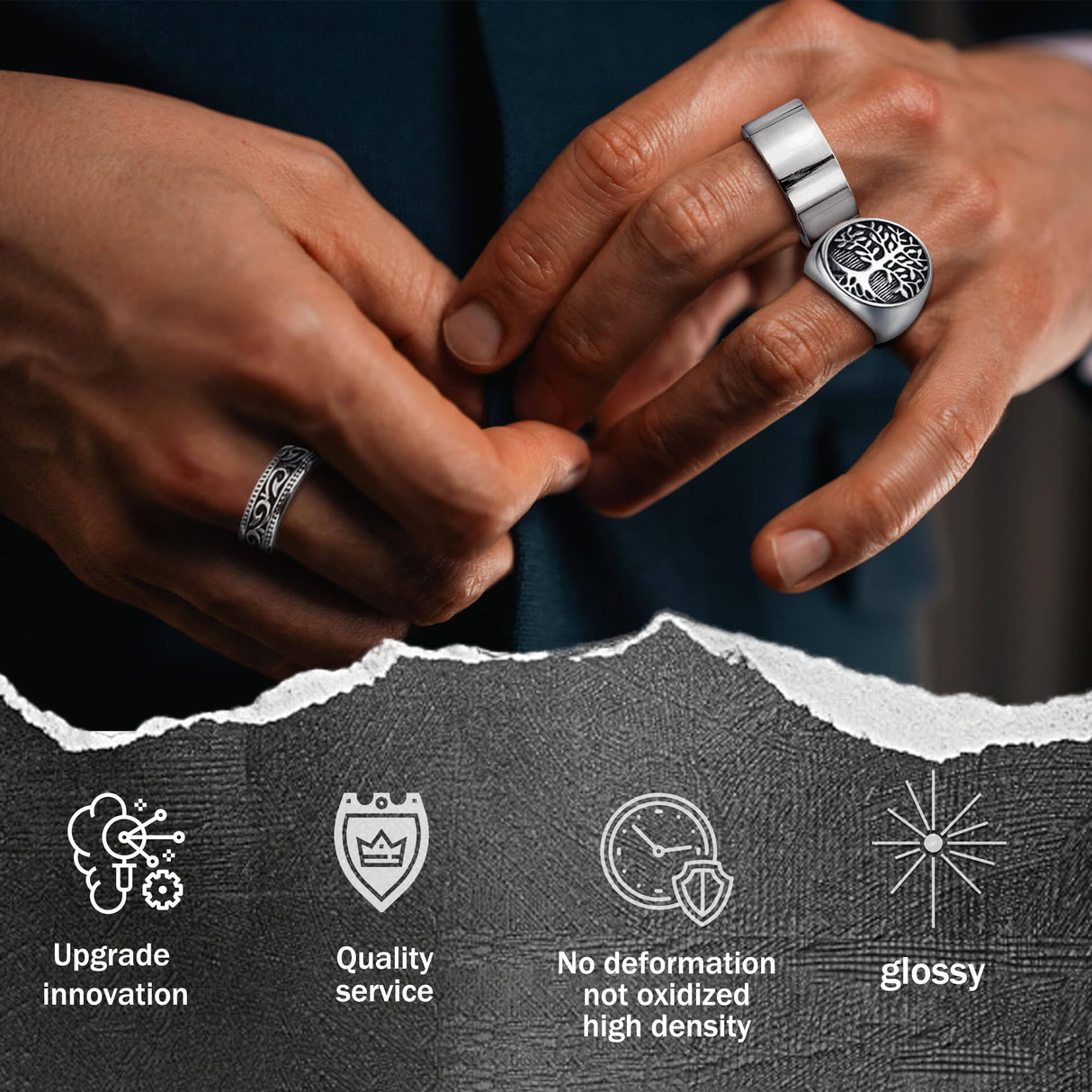 MEDOJO 10 Pcs Men's Stainless Steel Vintage Signet Ring Square Pinky Thumb Chunky Thin Band Ring Vintage Biker Band Rings Set 10