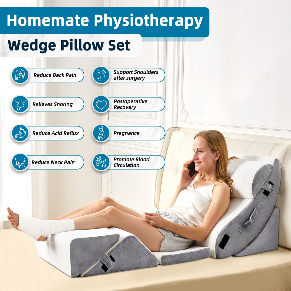 HABUTWAY 6Pcs Bed Wedge Pillow, Orthopedic Wedge Pillow for Sleeping with Memory Foam, Wedge Pillow for Back Pain Relief, Triangle Adjustable Support Pillow with Machine Washable Cover