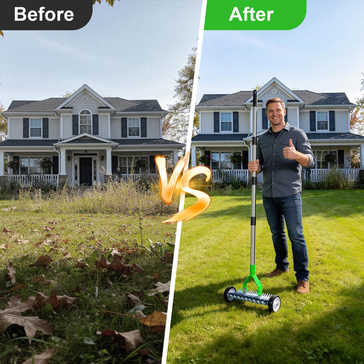 Thatch Rake, Adjustable Garden Rake Head and 38"–65" Handle with Wheels, 21 & 11 Dual-Sided Steel Tines, Heavy-Duty Lawn Dethatching Rake for Grass, Soil Loosening,Landscape and Lawn Care(Green)