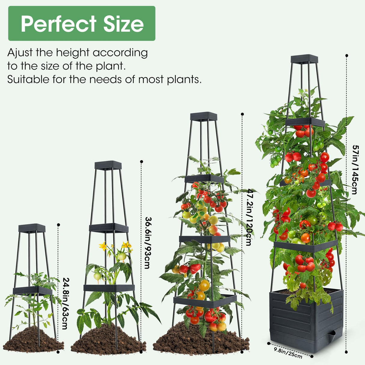 MQUPIN Self Watering Tomato Planter with Trellis, 57" Raised Garden Bed for Climbing Vegetables Vine Flowers, Tomato Cage Plant Support for Indoor Outdoor Patio Greenhouse (1 Pack)
