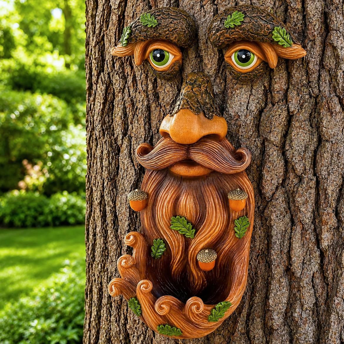 Mood Lab Tree Face Decor with Acorns - Old Man Tree Face Garden Hugger Decoration - Outdoor Tree Decoration