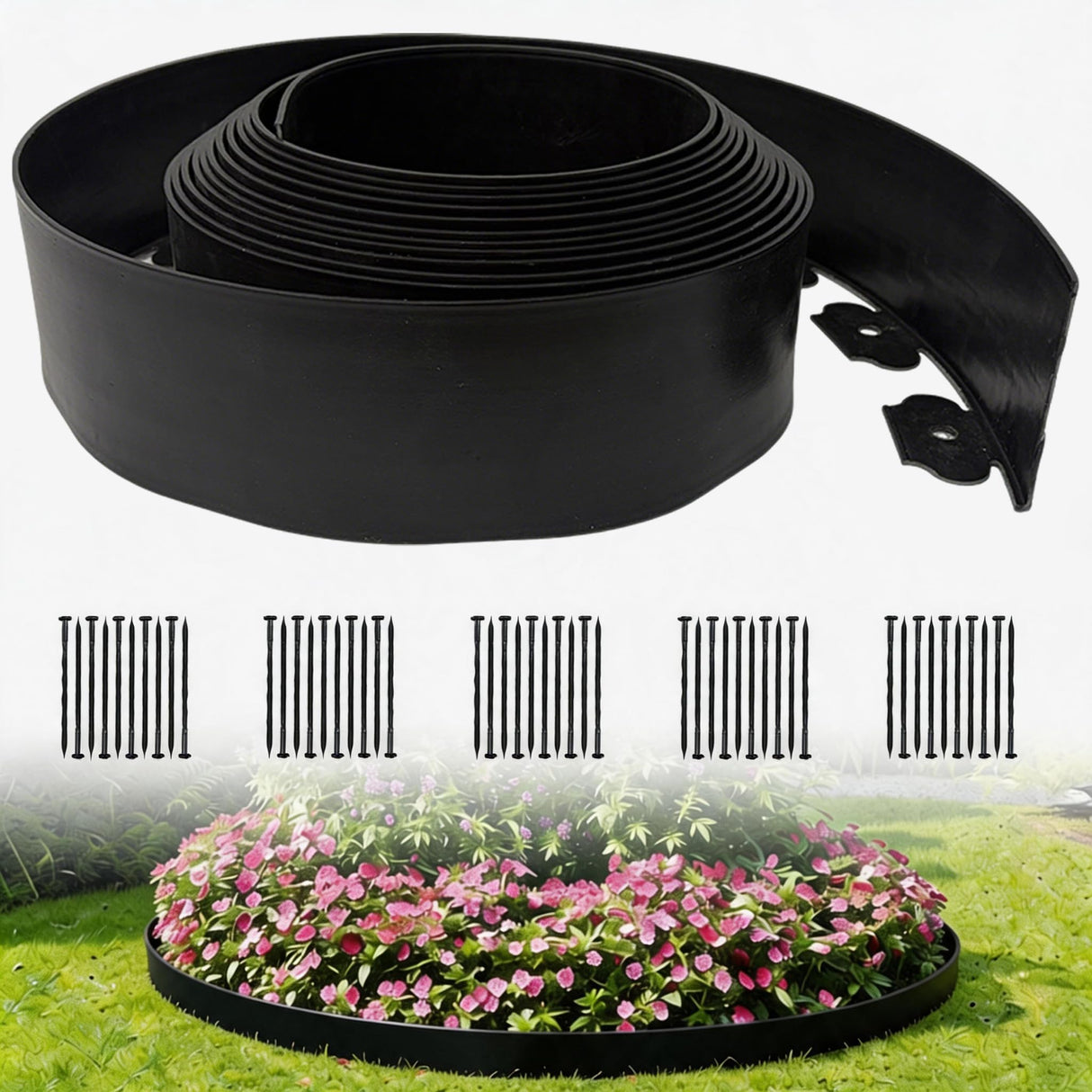 33FT Landscape Edging, 4 Inch Garden Edging Border with 50 Spikes, Flexible Lawn Edging for Trees, Landscape, Garden, Flower Beds, Lawn, Yard, Pathway, Paver Edge-Black