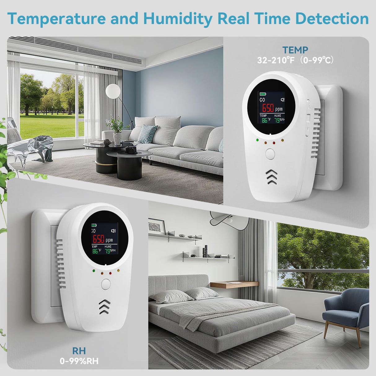 5-in-1 Carbon Monoxide Detectors,Plug-in Gas Detector with Rechargeable Backup Battery,Monitoring CO Natural Gas Temperature and Humidity Sound Light Alarm Detector,LCD Screen Brightness Adjustable