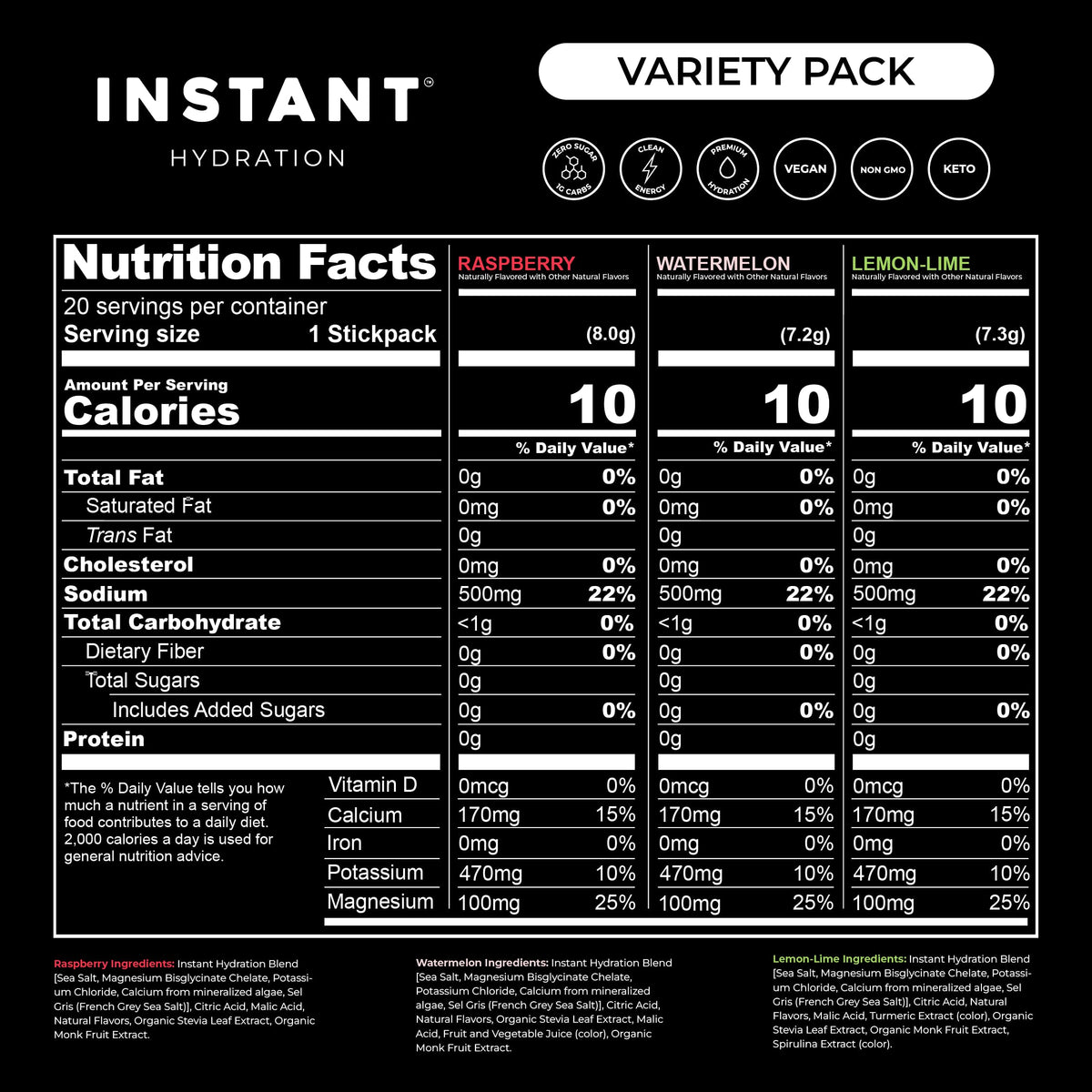 Instant Hydration Sugar Free Electrolytes Powder Packets Variety Pack - Watermelon, Raspberry, Lemon Lime Drink Mix & Travel Essentials with Magnesium and Potassium - Post Workout Recovery - 20 Sticks