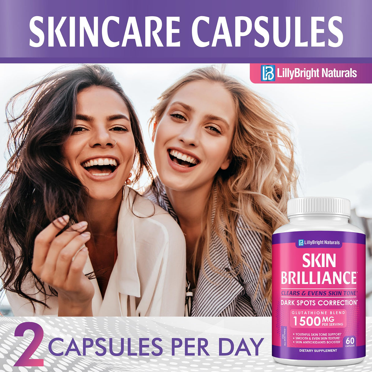 LB LILLYBRIGHT NATURALS Glutathione Capsules - 1,500mcg L-Glutathione Supplement with Vitamin C - Skin Tone Enhancer - Targets Dark Spots & Acne Marks - Potent Antioxidant - 60 Skin Pills