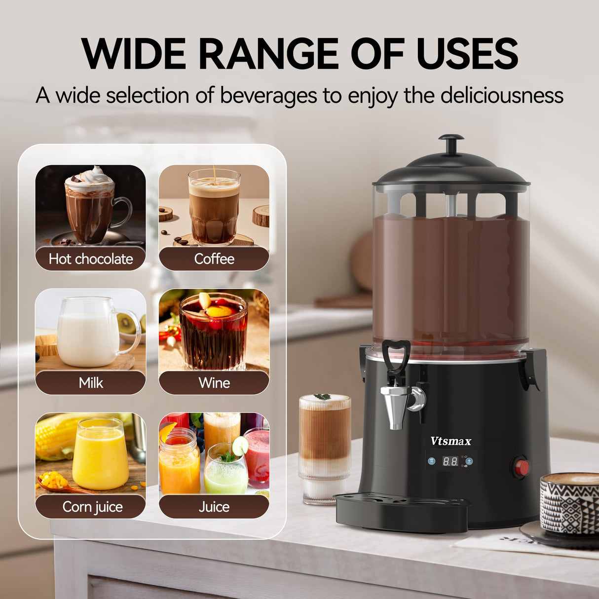 Vtsmax 10L/2.6Gal Commercial Hot Chocolate Machine Hot Drink Dispenser, 86-194°F Intelligent Temperature Control Hot Beverage Maker for Chocolate, Cocoa, Milk, Coffee, Juice, Black