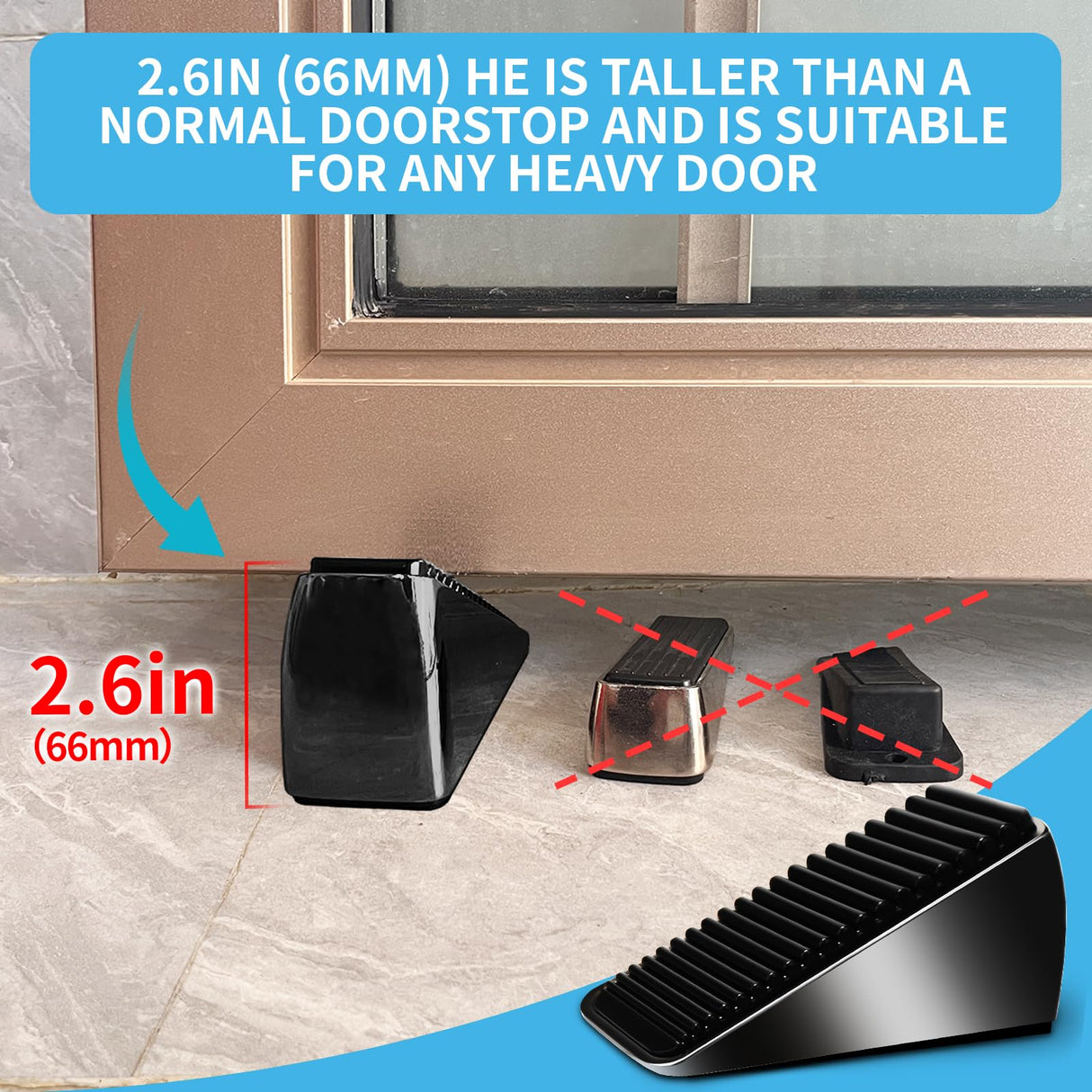 AIMAXINKE 2Pc Strongest Large Door Stop - Heavy Duty Tall Wedge Stoppers for Bottom, up to 2.6In Doorstop, Zinc Alloy and Silicone Made, Suits Any Heavy Door and Smooth Floor