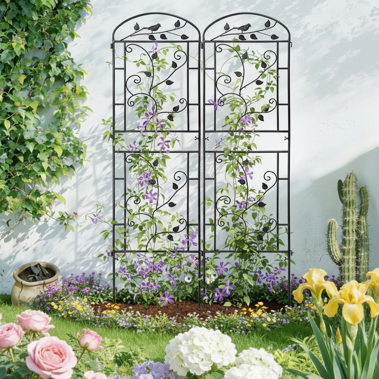 CL FUN Garden Trellis for Climbing Plants, 2 Pack 71x20 in Metal Lattice Panel with Black Coating, Tall Climbing Support for Rose Vines Clematis Flowers Vegetables Fruits - Plant Trellis Outdoor