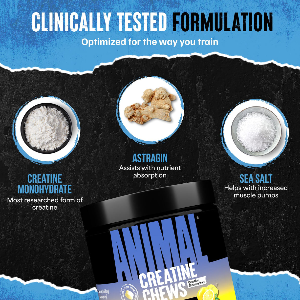 Animal Creatine Chews Tablets - Enhanced Creatine Monohydrate with AstraGin to Improve Absorption, Sea Salt for Added Pumps, Delicious and Convenient Chewable Tablets - Lemon Ice