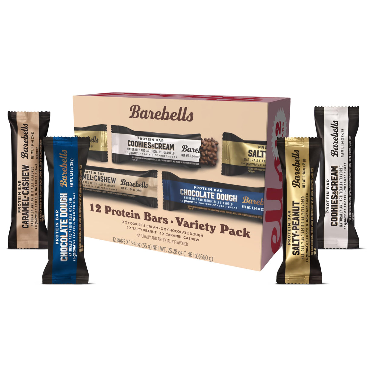 Barebells Protein Bars Variety Pack - 12 Count, 1.9oz Bars - Protein Snacks with 20g of High Protein - Chocolate Protein Bar with 1g of Total Sugars - Perfect on The Go Protein Snack & Breakfast Bars