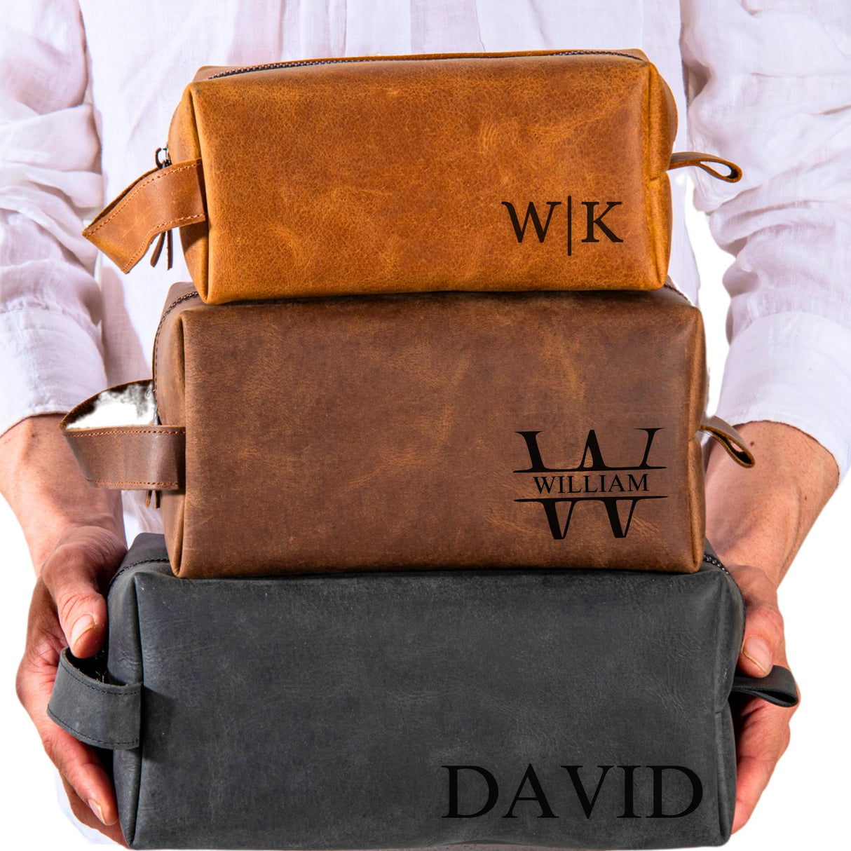 Personalized Leather Toiletry Bag for Men – Custom Engraved Shaving Dopp Kit with Name or Initial, Travel Gift for Groomsmen, Husband, Dad, Boyfriend, Birthday, Christmas, Anniversary, Gifts for Men