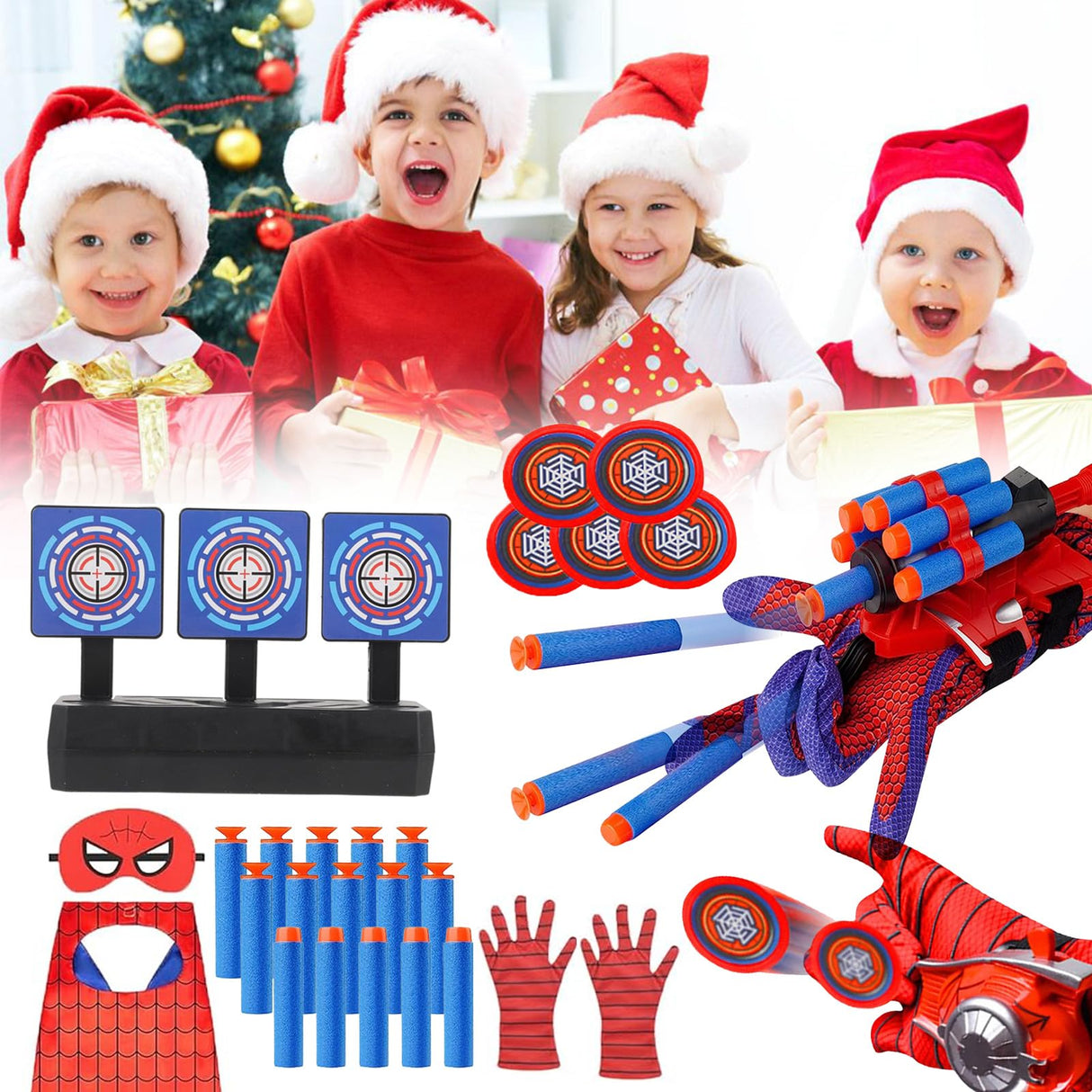 3 Sets Spider Web Shooters Wrist Launcher Toys with Hero Gloves Auto Resetting Boards Spider Cape and Mask Cosplay Costume for Kids Halloween Christmas Birthday Party Present for Boys Girls