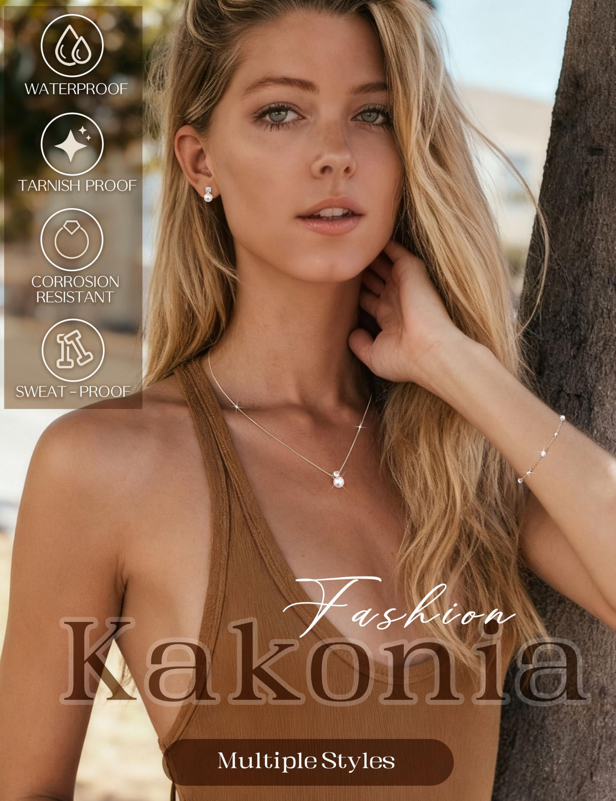 Kakonia Pearl Jewelry Set for Women Wedding, Dainty Silver Plated Bridal Necklace Pearl Drop Earrings Bracelet Set with Cubic Zirconia, Bridesmaid Prom Choker Wedding Bride Jewelry Pearls S