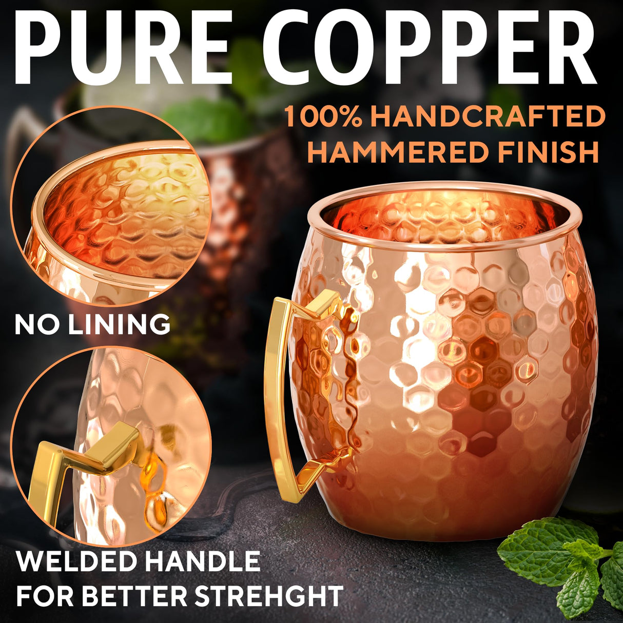 Benicci Moscow Mule Copper Mugs - Set of 4-100% HANDCRAFTED - Food Safe Pure Solid Copper Mugs - 16 oz Christmas Gift Set with Premium Quality Cocktail Straws and Jigger!