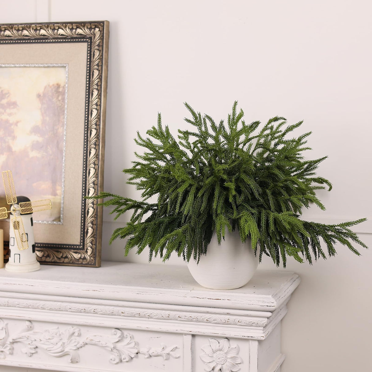 Juxdp 20 Pcs Real Touch Norfolk Pine Branches, Artificial Christmas Green Plants Branch Faux Greenery Stem Fake Pine Picks for Vase DIY Crafts Garland Wreath Xmas Indoor Outdoor Decor(18 Inches)