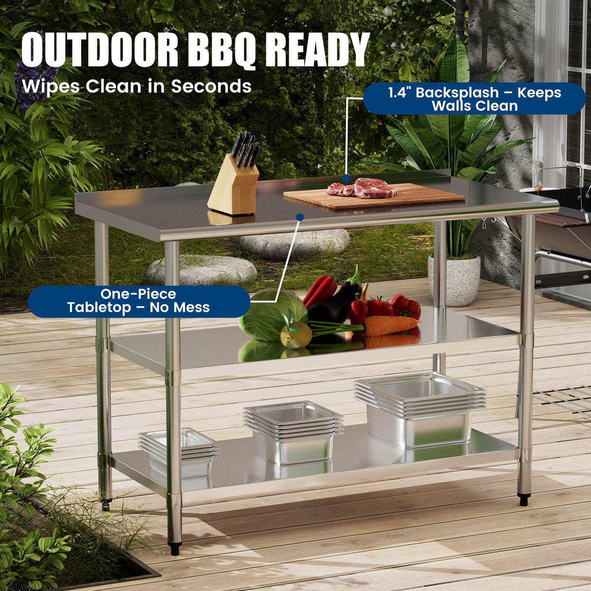 Chingoo Stainless Steel Work Table 24x60 Inch with 2 Adjustable Undershelves & Backsplash, Heavy-Duty Prep Table for Commercial Kitchen, Restaurant, Garage, Outdoor