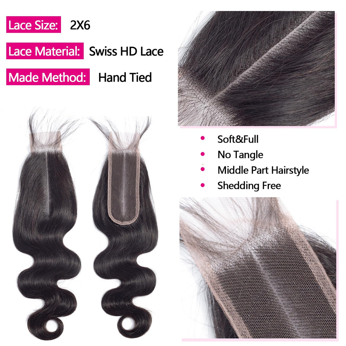 12A Human Hair Bundles with 2x6 Closure 18 20 22 with 16 Inch Brazilian Body Wave Bundles Human Hair with 2x6 HD Lace Closure 100% Unprocessed Virgin Human Hair Weave 3 Bundles Deals with Closure