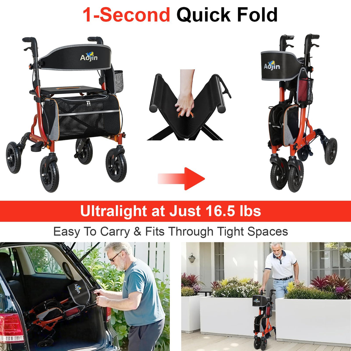 Rollator Walkers for Seniors with Seat, Foldable Walkers for Seniors, 8" All-Terrain Wheels, 18" Big Seat, 6-Level Adjustable Height Rolling Walker, 350 lb, Walker for Seniors & Adults (Red)