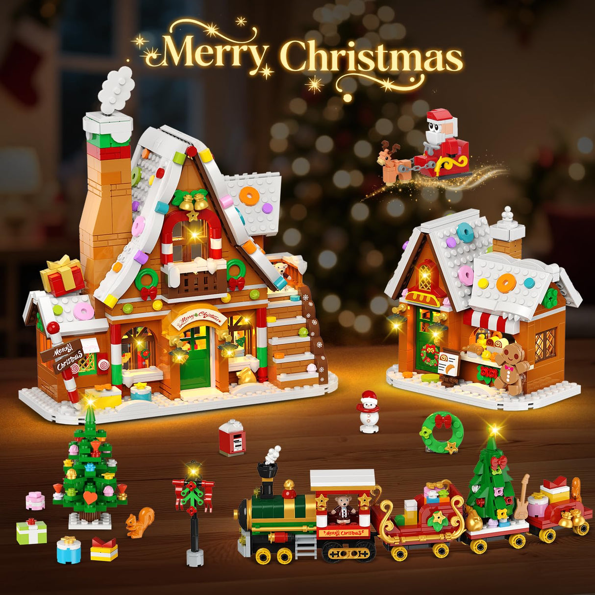 PLAXSOON Christmas Gingerbread House Village Mini Building Set with Lights, 1955 PCS Holiday Village Building Block Toy with Xmas Tree Train Santa for Home Decor, Gift for Adults Kids Girls Boys 14+