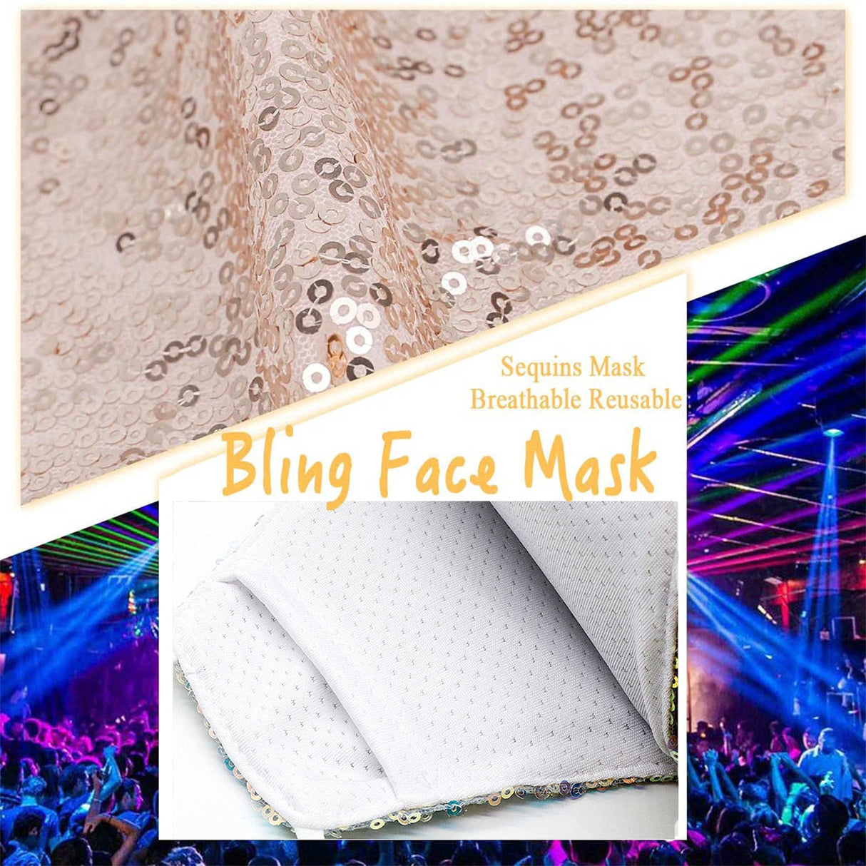 MLGDA Sparkly Sequin Face Cover Glitter Cotton Sequins Masc Masquerade Face Covering (Khaki)