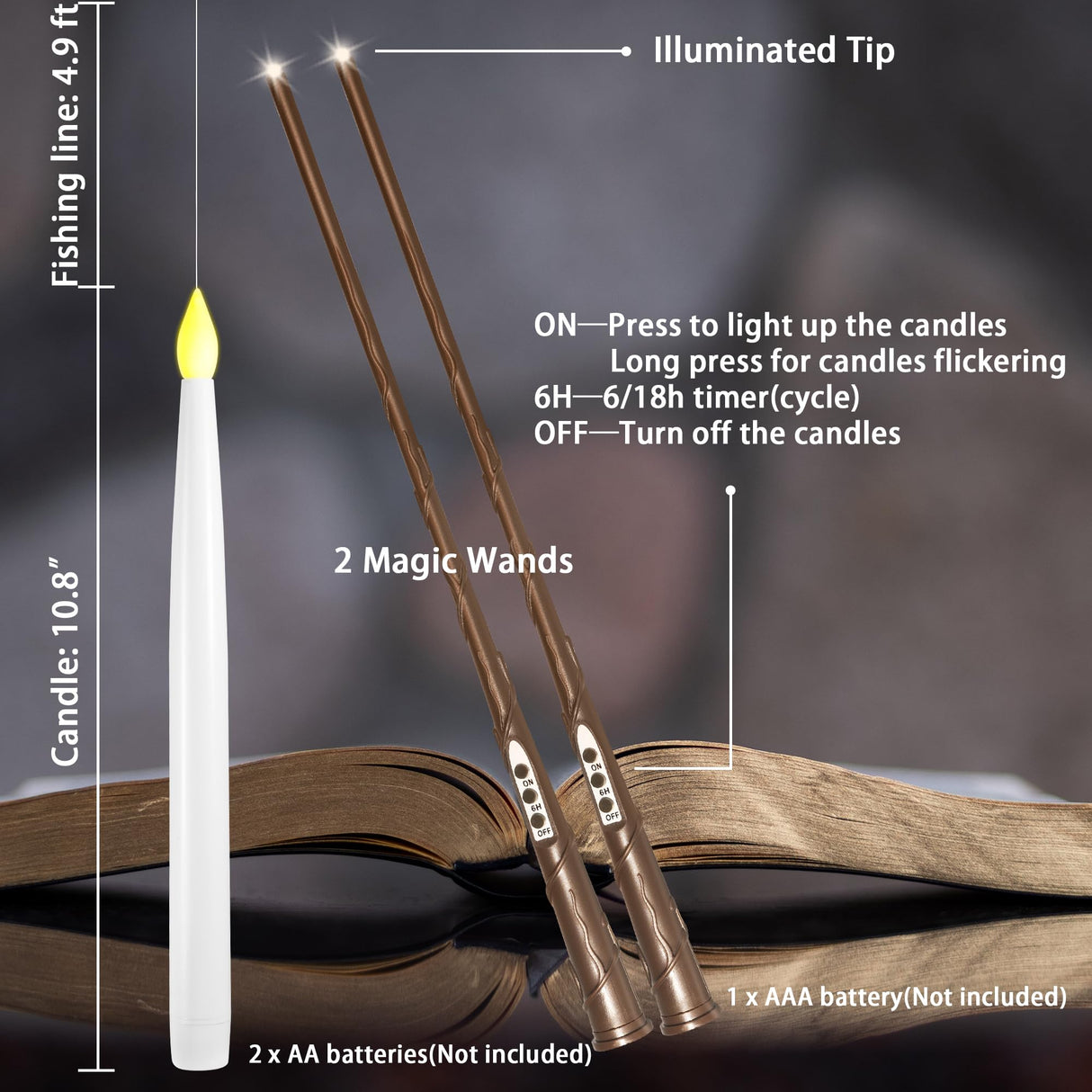 LUSHARBOR Floating Candles with Wand, 20 Pack Halloween Battery Operated LED Hanging Candles Electric Floating Candle for Halloween Party Decor Christmas 10.8in