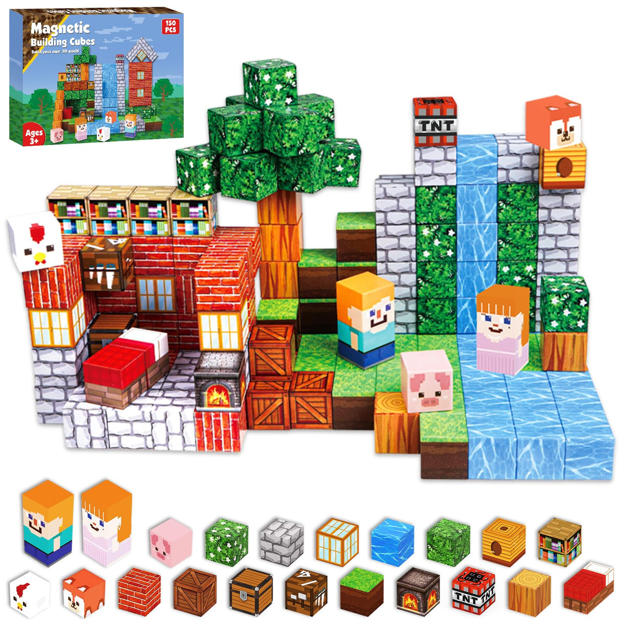 Magnetic Blocks-150PCS Grassland Magnetic Building Blocks Set, Kids Classroom Sensory Toy for Toddlers STEM Learning, Construction Stacking Toy for Kids 3+ Boys and Girls Christmas Birthday Gifts