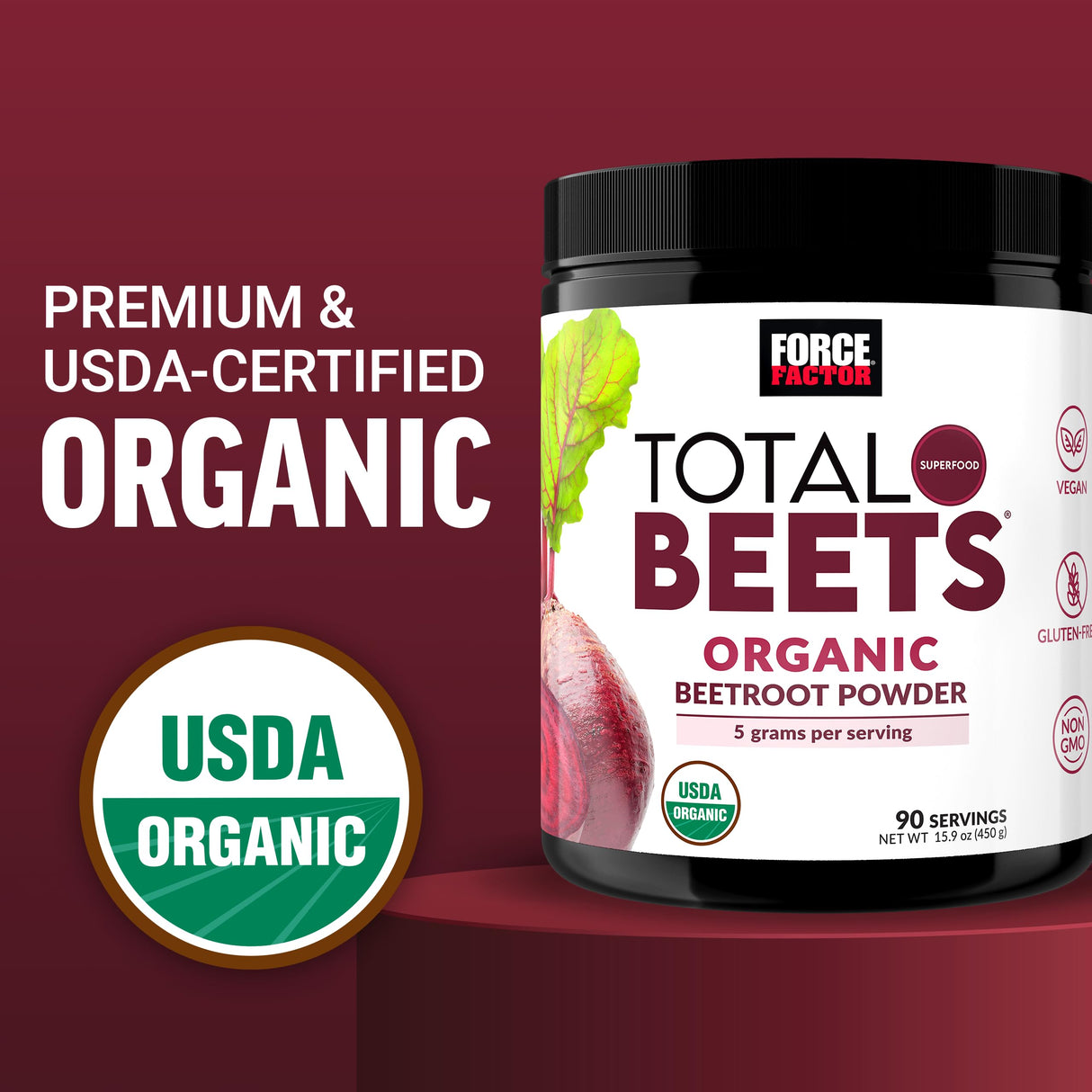 FORCE FACTOR Total Beets Organic Beetroot Powder, Superfood to Boost Daily Nutrition, USDA Organic, Vegan, Gluten-Free, and Non-GMO Beet Supplement, Unflavored, 180 Servings, 2-Pack