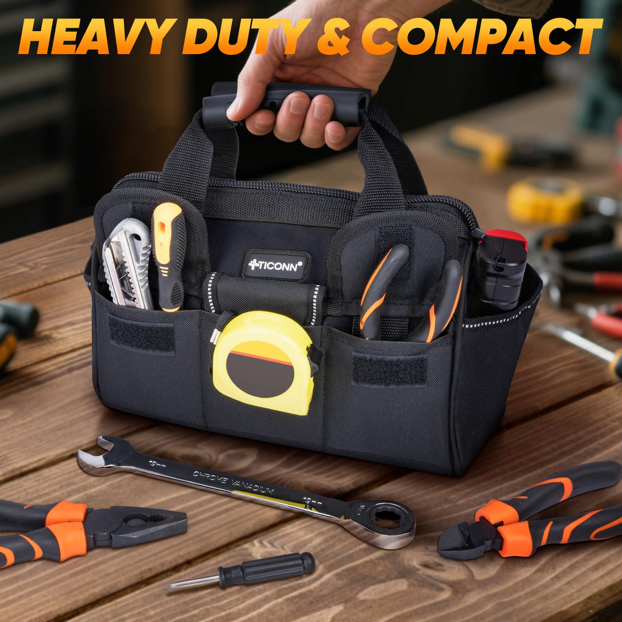 TICONN Heavy Duty Tool Bag with Multi-Pockets, Portable Tool Box Organizer Storage Bag, with Adjustable Shoulder Strap and Ergonomic Handle (Black, 12" Standard Base)