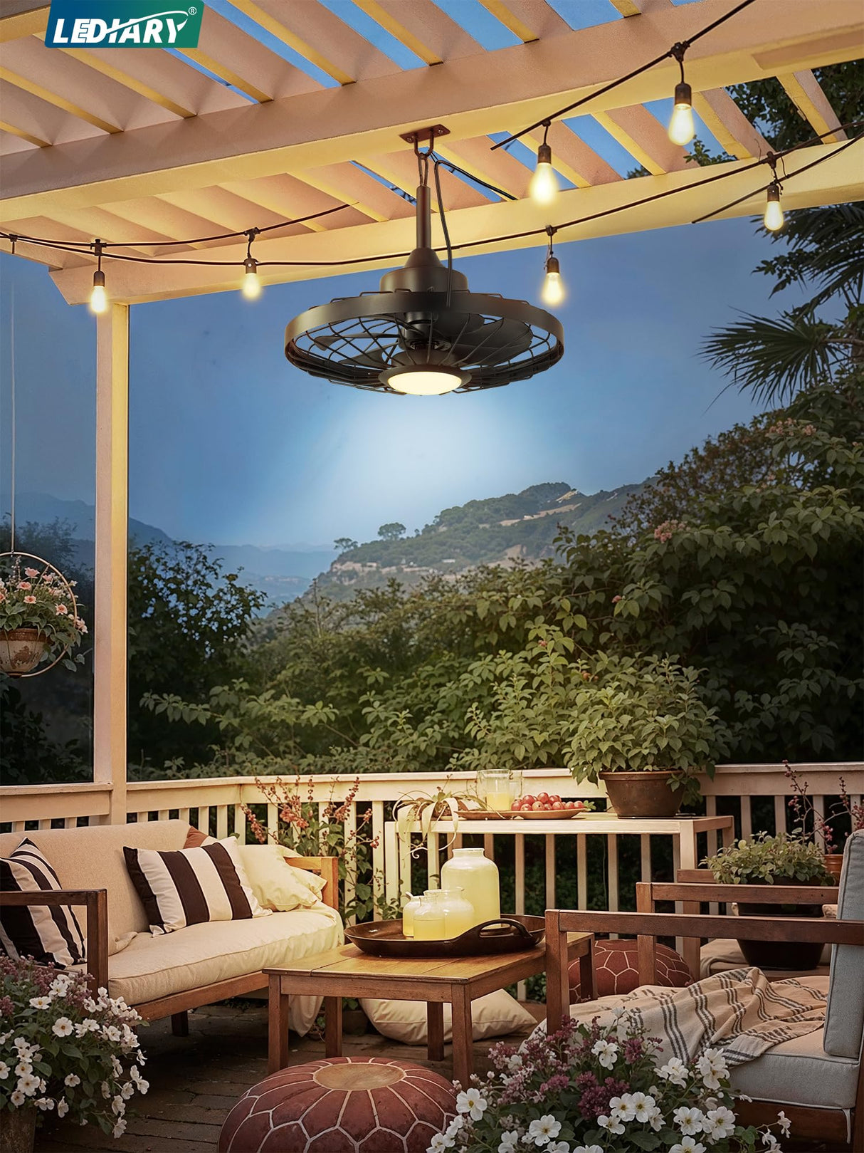 LEDIARY 20" Outdoor Ceiling Fan with Lights,IP65 Waterproof Gazebo Hanging Fan with Remote Control Smart App, Plug in Caged Ceiling Fan with 3CCT 6-Speeds for Patio Porch Pergola(Black)