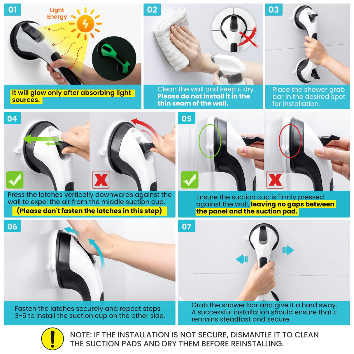 TAILI Shower Grab Bar Glow in The Dark, 2 Pack 12.2 in Grab Bars for Bathtubs and Showers, Shower Handle Shower Rail for Seniors and Elderly,Bathroom Safety Grip Removable No Drilling Waterproof Black