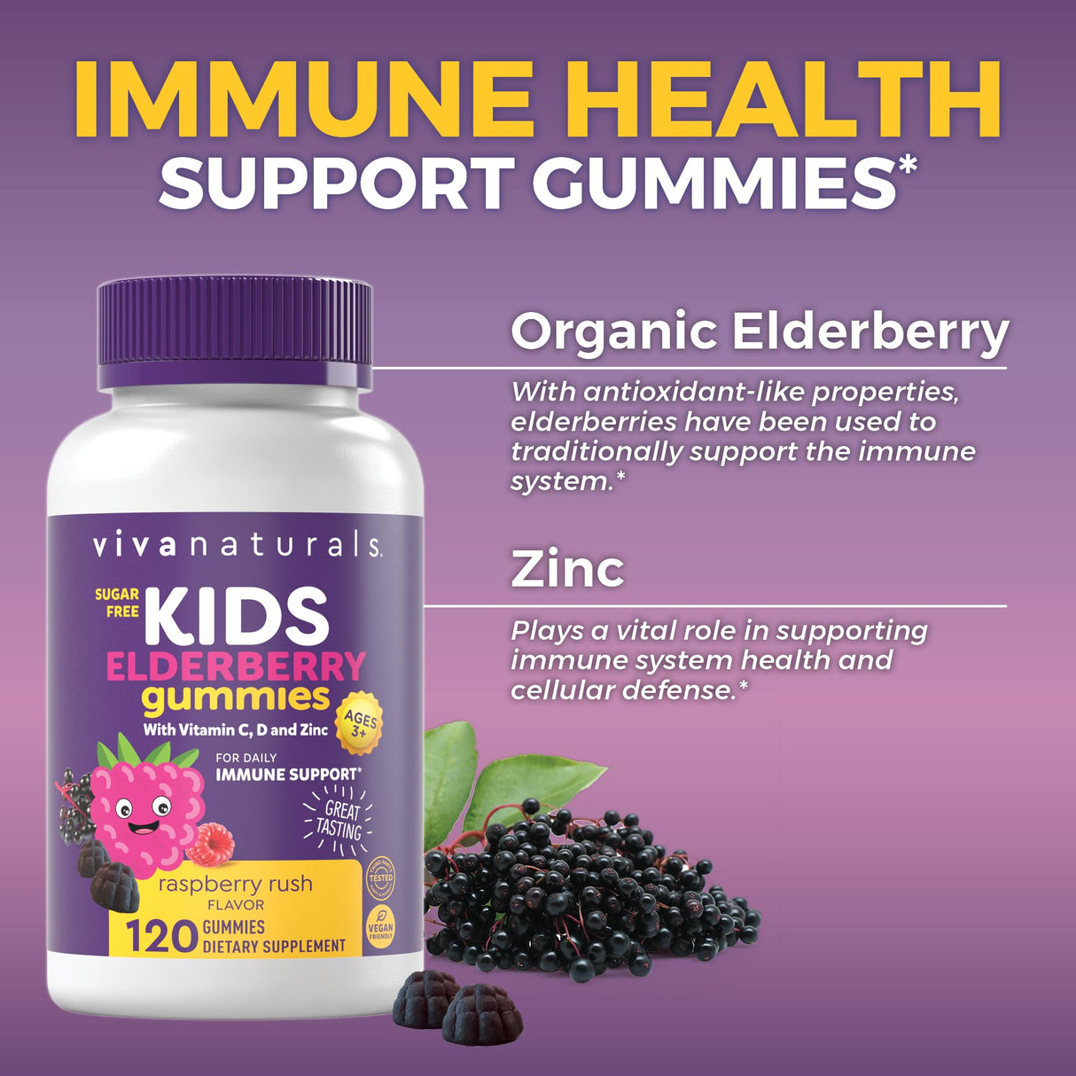Viva Naturals Sugar-Free Sambucus Elderberry Gummies for Kids, 8-in-1 Children Immune Support with Vitamin C & Zinc – Chewable, Vegan & Gluten-Free (120 Count) for Daily Wellness