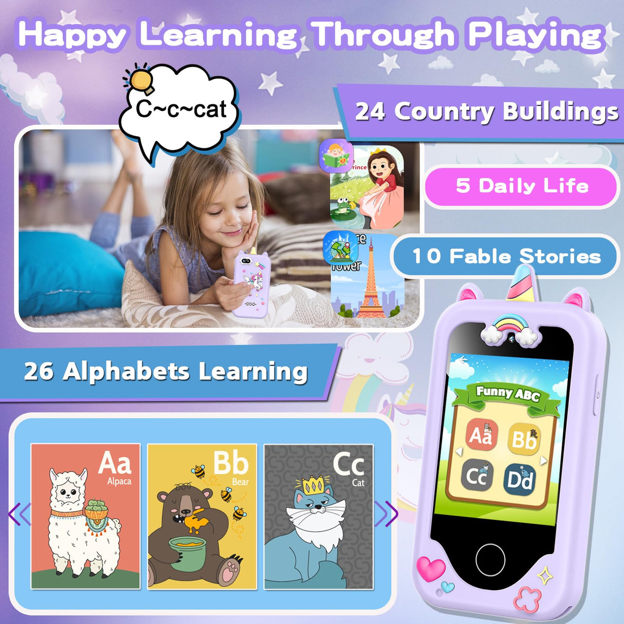 Kids Smart Phone for Girls, Christmas Birthday Gifts for Girls Age 3-10 Kids Toys Cell Phone, 2.8" Touchscreen Toddler Learning Play Toy Phone with Dual Camera, Game, Music Player, 8GB Card Purple