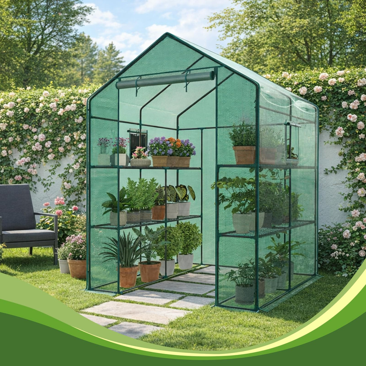OLIXIS Outdoor Greenhouse, Walk-in Greenhouse with 2 Tier 8 Plant Shelves, Durable PVC Cover, 56"x56"x77" Portable Greenhouses for Outdoor Garden, Patio, Porch, Backyard Green Houses, Green