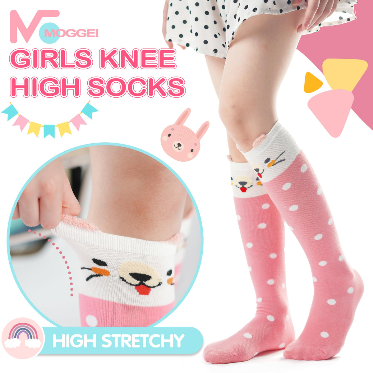 MOGGEI Kids Girls Knee High Socks Long Boot Crazy Silly Fun Gift Tall Funny Cute Animal Christmas Gift for 4 5 6 7 8 9 10 11 12 Year Old Girls Stocking Stuffers Socks 6 Pairs (Animal Pink Purple)