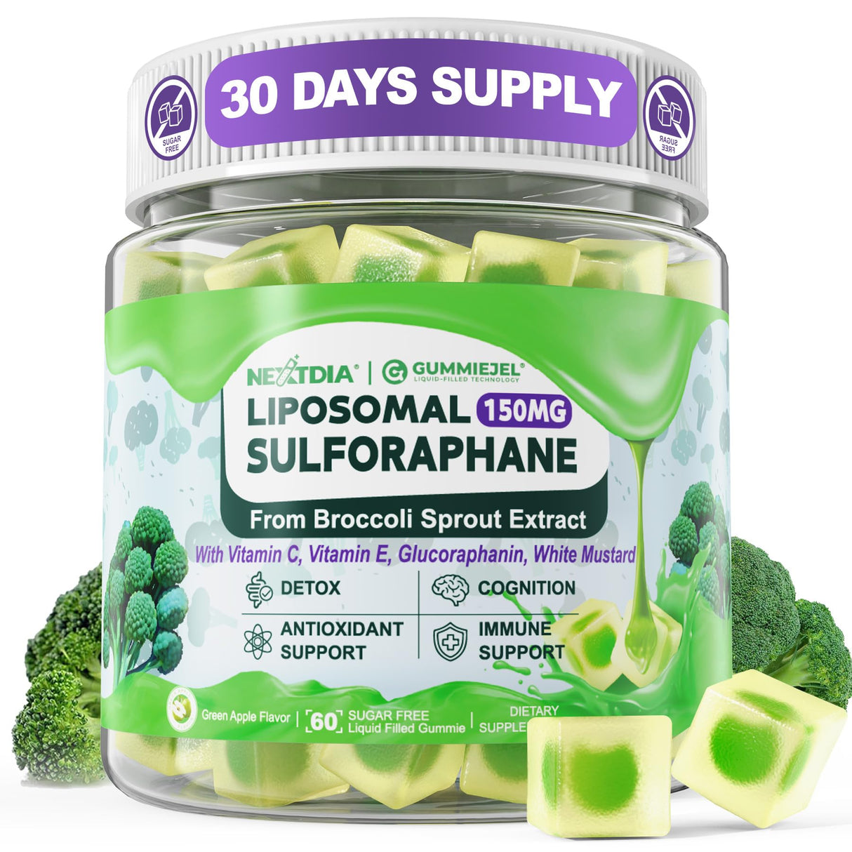 150mg Liposomal Sulforaphane Supplement from Broccoli Sprouts Extract - Sulforaphane with Myrosinase, Vitamin C, E | Broccoli Sprout Supplement for Antioxidant, Detox & Cellular Health | 60 Counts