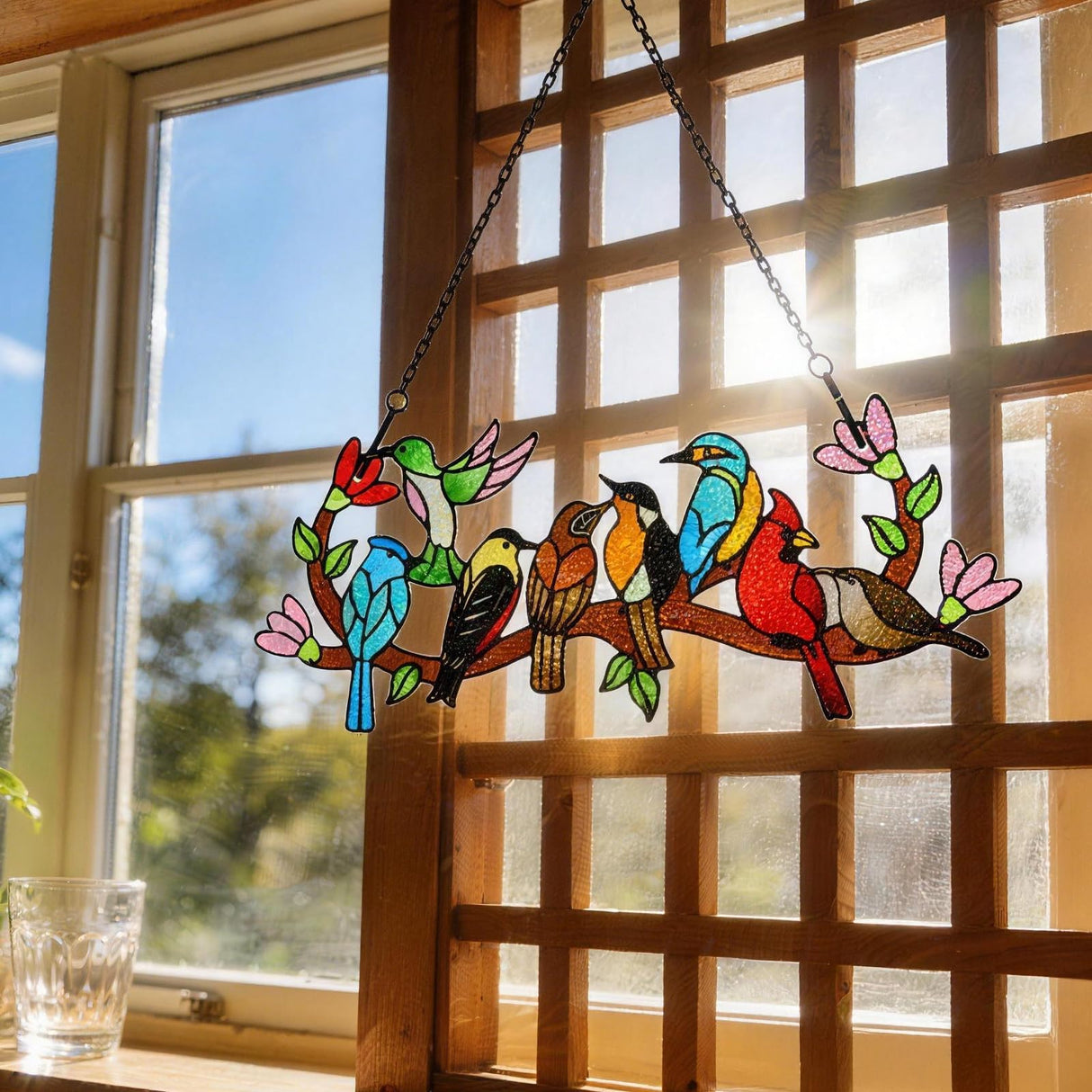 Huray Rayho Stained Glass Sun Catcher Birds On Branch for Indoor Window Hanging, Hand-Painted and Double Side with Gift Packaging, Hummingbird Gifts for Bird Lovers Mom Grandma, Bird Decor Ornament