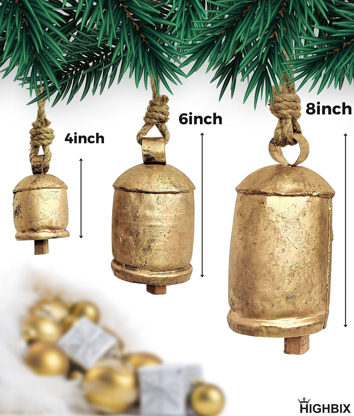 HIGHBIX Set of 3 Giant Harmony Cow Bells Huge Vintage Handmade Rustic Lucky Christmas Hanging XL Bells On Rope (Country Rustic, Large)