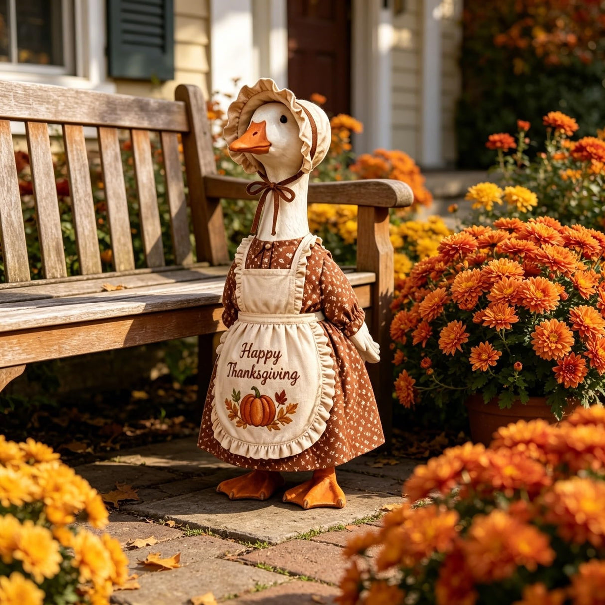 Thanksgiving Pilgrim Porch Goose Outfits Fits 23'' Lawn Goose Statue Fall Pumpkin Dress with ''Happy Thanksgiving'' Apron & Bonnet Costume for Autumn Yard, Patio Garden Decor (Brown, 23 inch)
