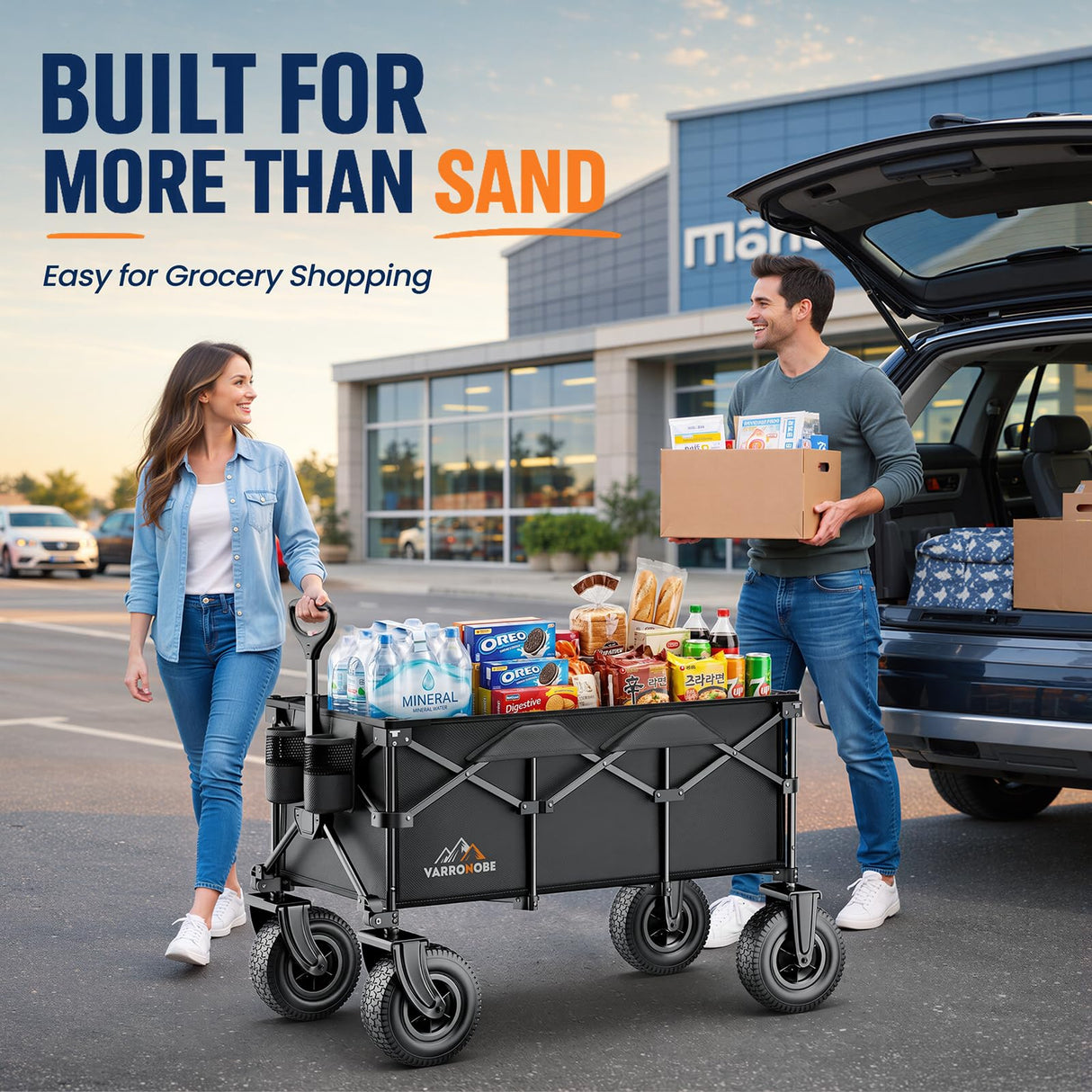 All-Terrain Beach Wagon with 10" x 3.5" Big Inflatable Rubber Wheels for Sand, 220L Collapsible Utility Wagon, 400 lbs Heavy Duty Folding Cart with 2 Cup Holders for Camping, Sports, Garden, Black
