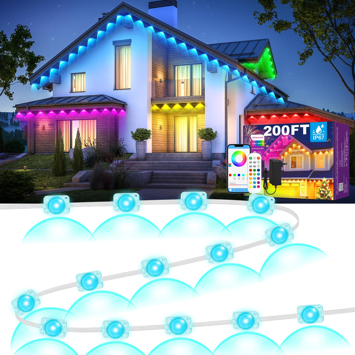MUCCCUTE Permanent Outdoor Lights for Christmas 200ft RGB House Lights w/App & Remote Control Smart Rainbow LED IP67 Waterproof for Holidays New Year Roof Eaves Garden Décor All Year Around