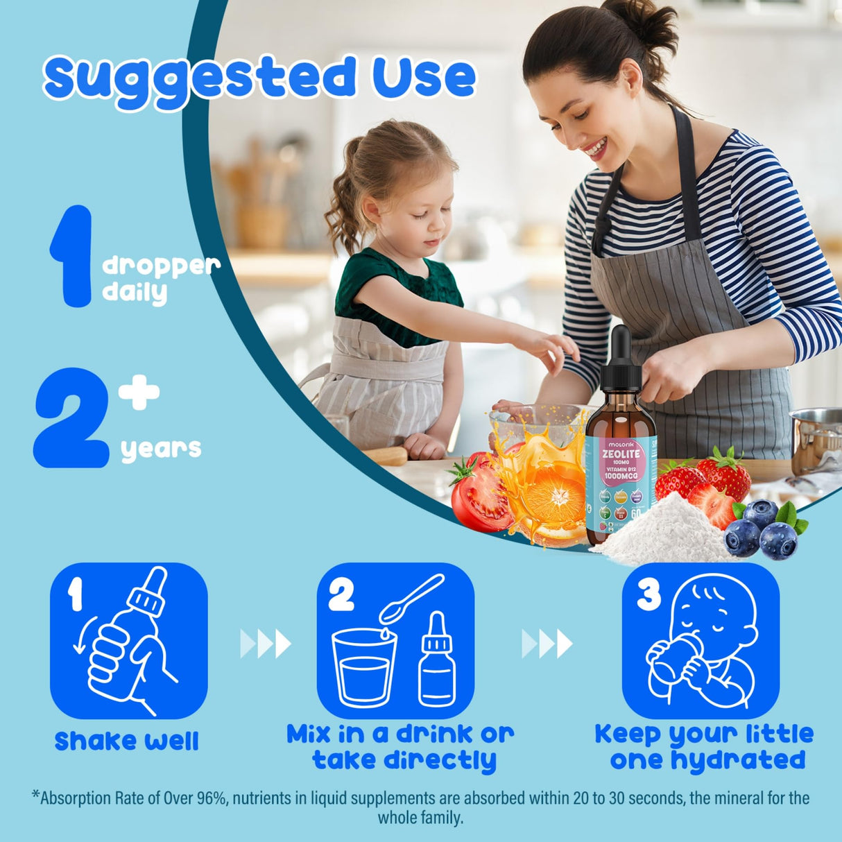 Zeolite Detox for Kids & Adults, Zeolite Liquid Drops with 300mg Chlorella, 200mg Curcumin, Multivitamin and Probiotic for Speech & Brain Health, Immune, Digestive, Energy, Berry Flavor, 60 Servings