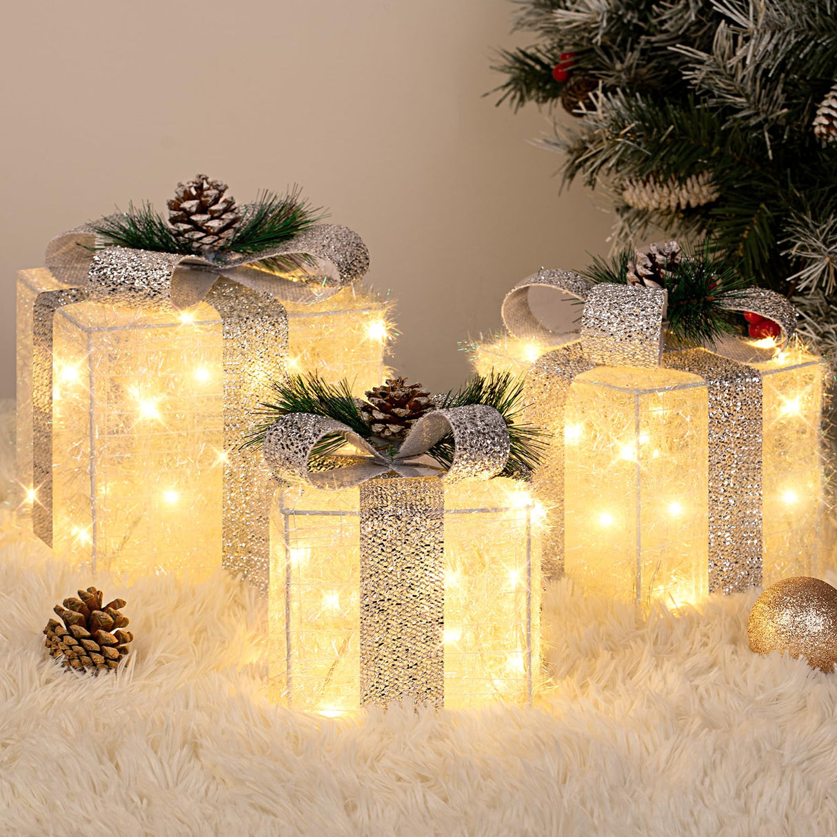 TOWPONICS Set of 3 Christmas Lighted Gift Boxes with Plug, Indoor Outdoor Christmas Decorations with 60 LED Warm White Mini String Lights, Present Boxes with Silver Tinsel for Xmas Tree Porch Decor