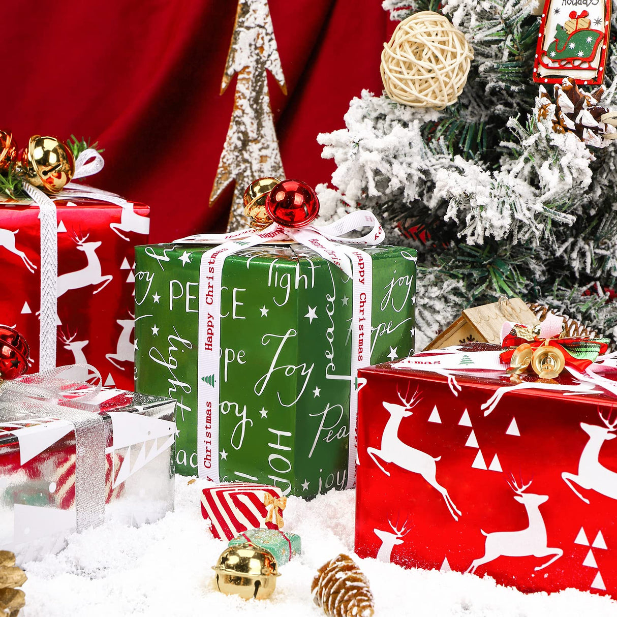 WRAPAHOLIC 30 Inch Christmas Wrapping Paper Roll - Jumbo Roll Red Green Gold and Silver Snowflakes Trees Holiday Collection with Metallic Foil Shine - 4 Rolls - 30 Inch x 120 Inch Per Roll