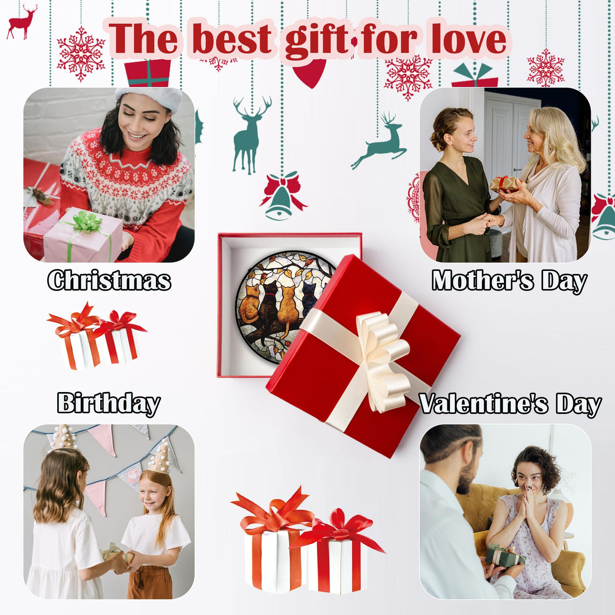 DASTOLL Stained Glass Window Hanging - 5 Cats on a Branch Suncatcher for Window Doors Home Decoration and Christmas, Mother's Day Father's Day Birthday Gifts for Women, Men, and Mom 6.3x6.3 in