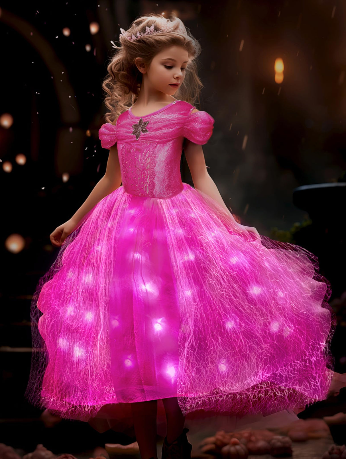 UPORPOR Light Up Pink Princess Dresses for Girls Halloween Costumes Dressing Up Clothes for Little Girl Kids Party Christmas, 130