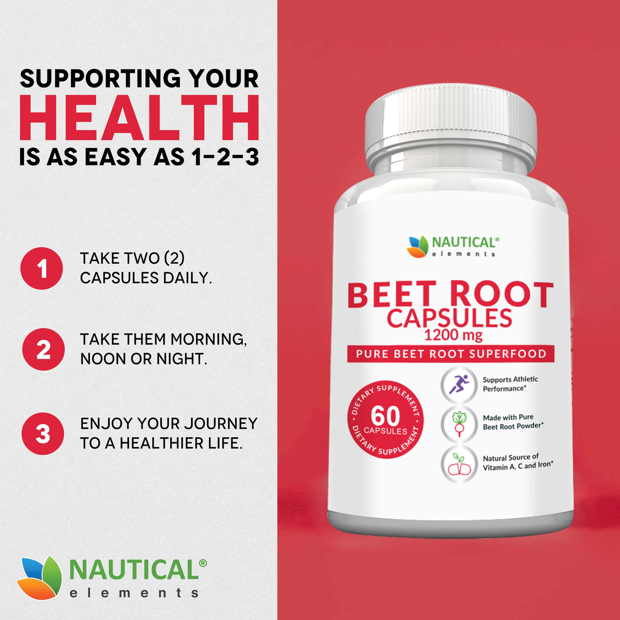 Beet Root Capsules - 1200mg Per Serving - 60 Beet Root Powder Capsules - Beetroot Powder Supports Blood Pressure, Athletic Performance, Digestive, Immune System (Pure, Non-GMO & Gluten Free