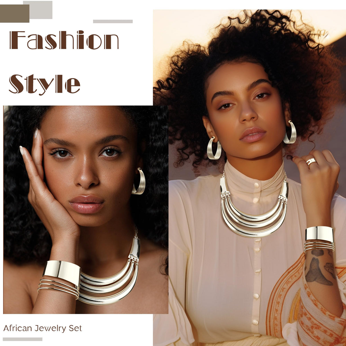 JOERICA Bib Choker Necklace Silver Jewelry Set Wide Cuff Bangle Bracelet Open Hoop Earrings Adjustable Ring Chunky Silver Statement Costume Jewelry Set for Women