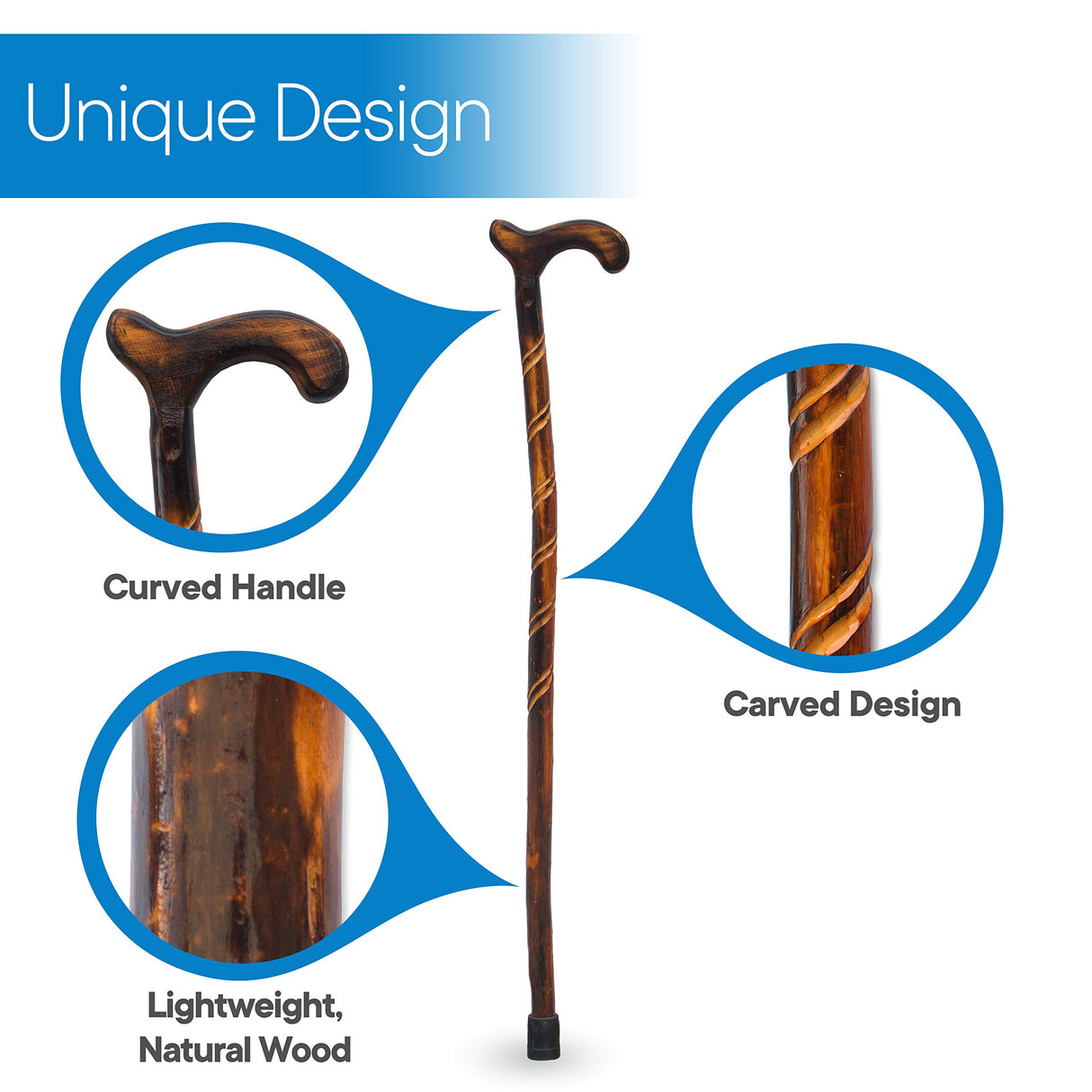 RMS Wood Cane - 36 Inches Natural Wood Walking Stick - Handcrafted Wooden Offset Cane for Men or Women (Spiral)