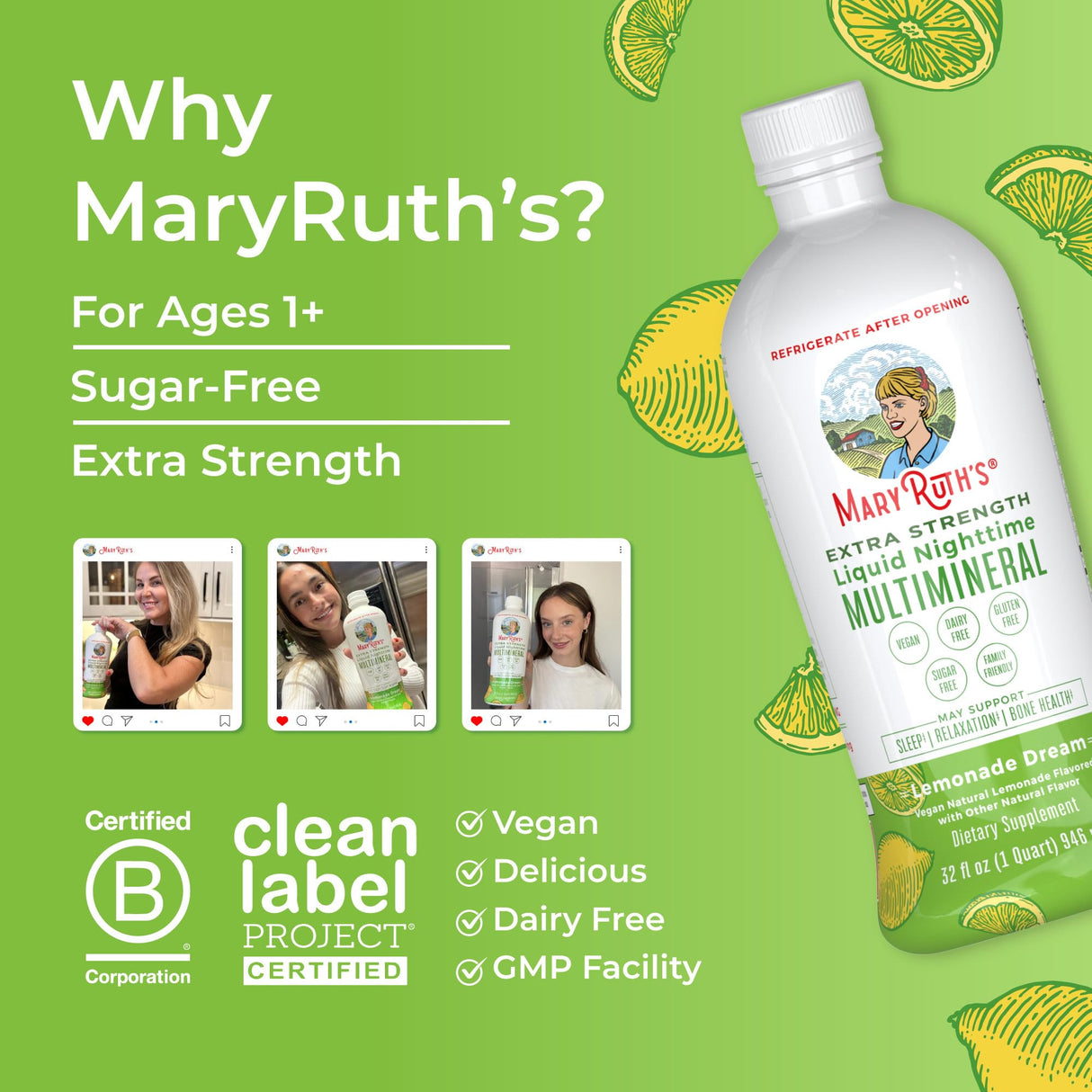MaryRuth Organics Extra Strength Nighttime Liquid Multimineral | Sugar Free | Calm Magnesium Citrate | NO Melatonin | Calcium Magnesium Zinc | Muscle Relaxation | Lemonade Flavor | Vegan | 32 Serving
