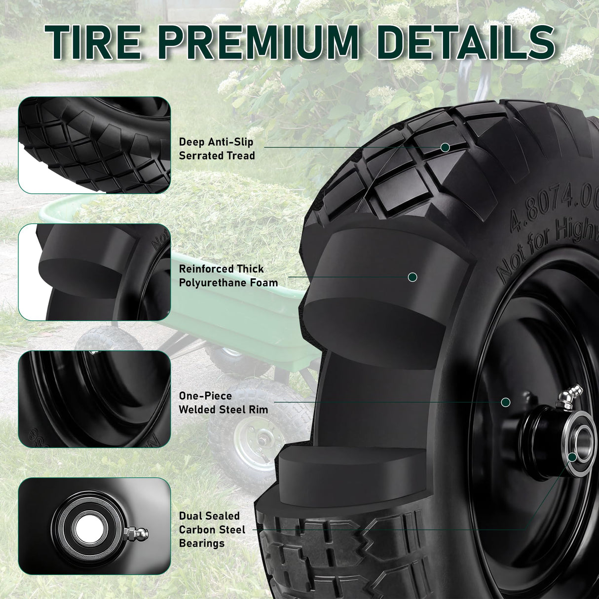 Upgraded 16" Flat Free Wheelbarrow Tire and Wheel, 4.80/4.00-8 Heavy Duty Solid Tire with 5/8" & 3/4" Bearings, 3"-7" Adjustable Hub - Universal for Wheelbarrows, Garden Trailer/Hand Truck - Black